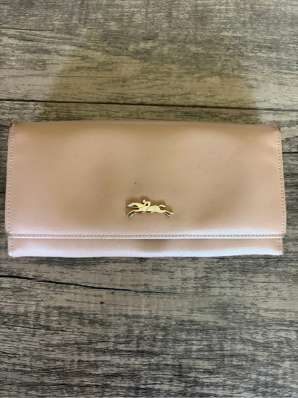 Long champ Leather Clutch Wallet with Gold Horse Emblem - Blush